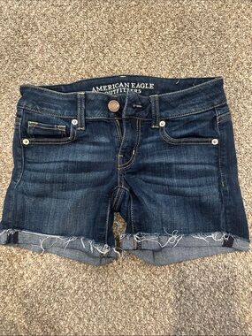 American Eagle Outfitters Dark Blue Distressed Roll-Cuff Denim Shorts